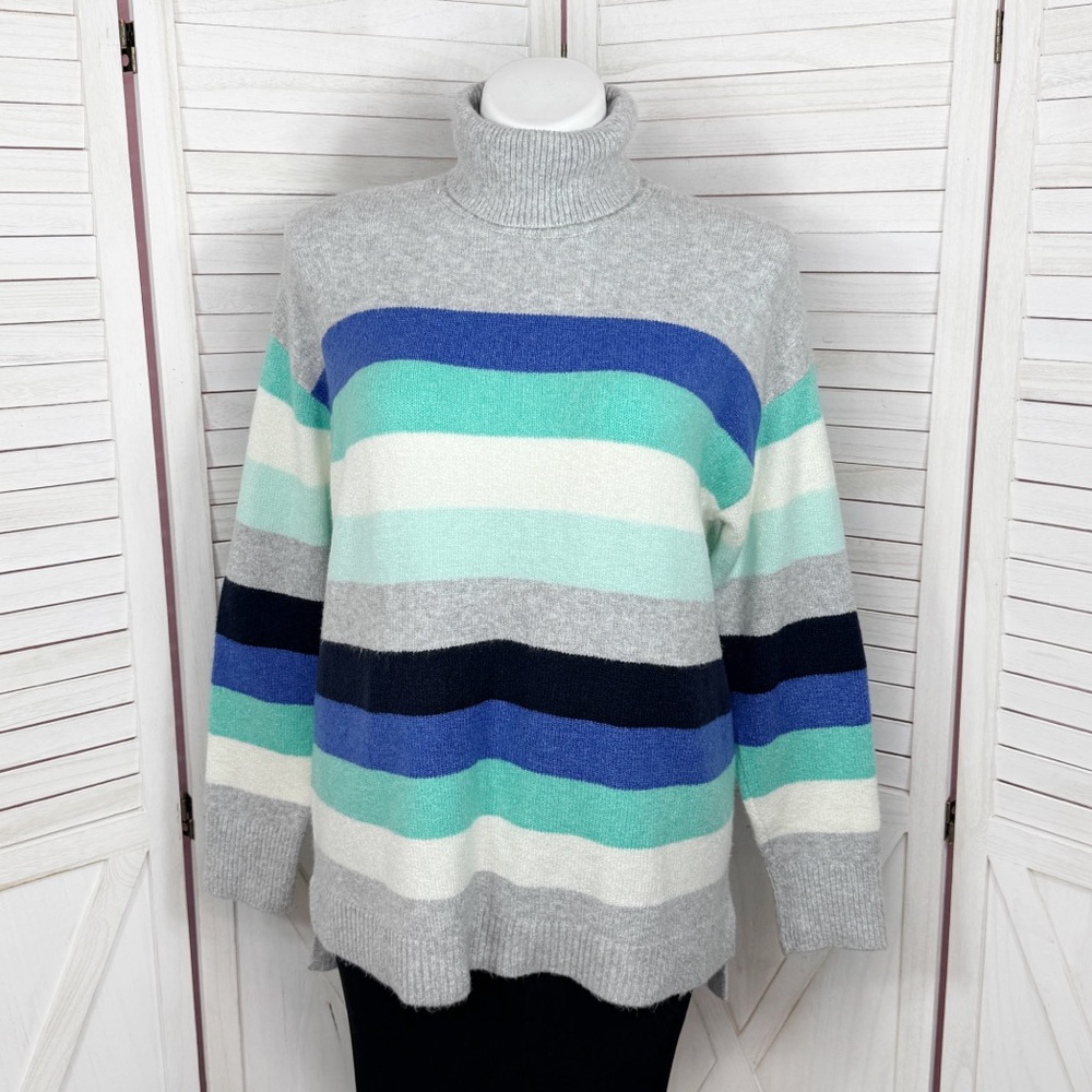 Talbots Multi Striped Turtleneck Tunic Sweater Grey Teal Multi XL